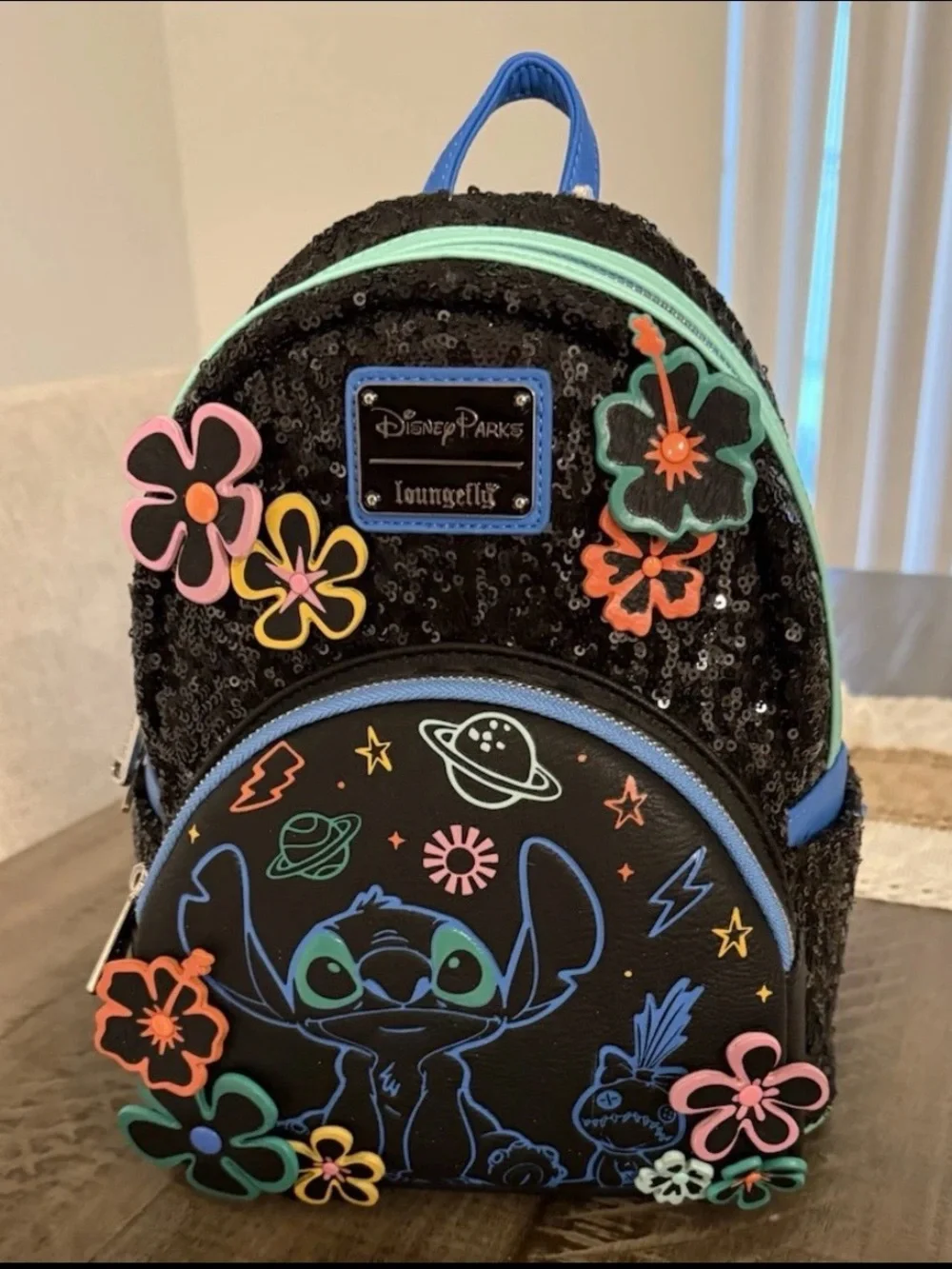 Loungefly Disney Parks Black Stitch Floral Sequin Mini Backpack